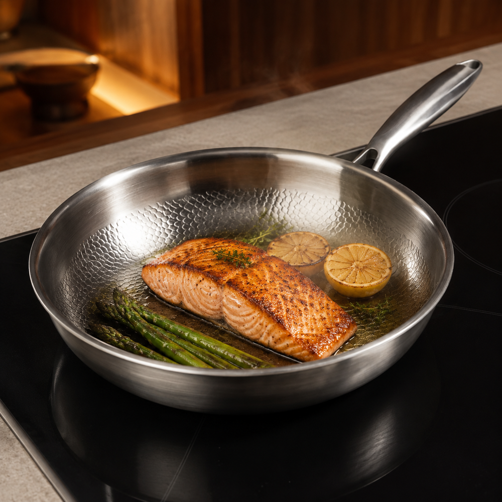 Fish and proteins prepared in a pan